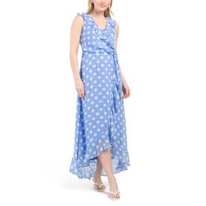 LONDON TIMES Blue/white Side Tie Ruffle Faux Wrap Maxi Dress